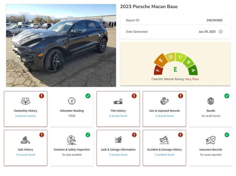 Overview of a full VinSpectorAI vehicle history report