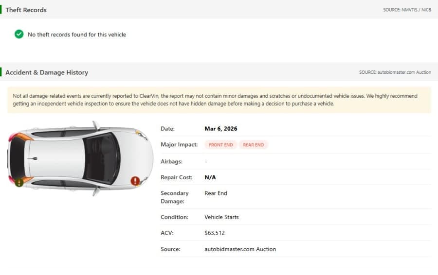 Theft records and accident and damage history in a VinSpectorAI report