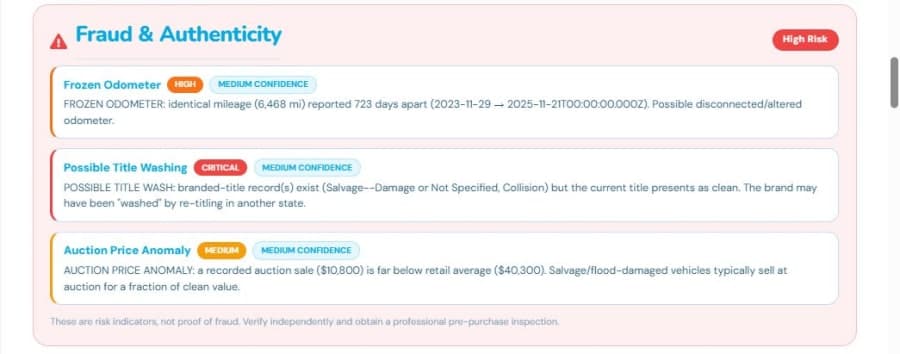 AI fraud and authenticity check in a VinSpectorAI report