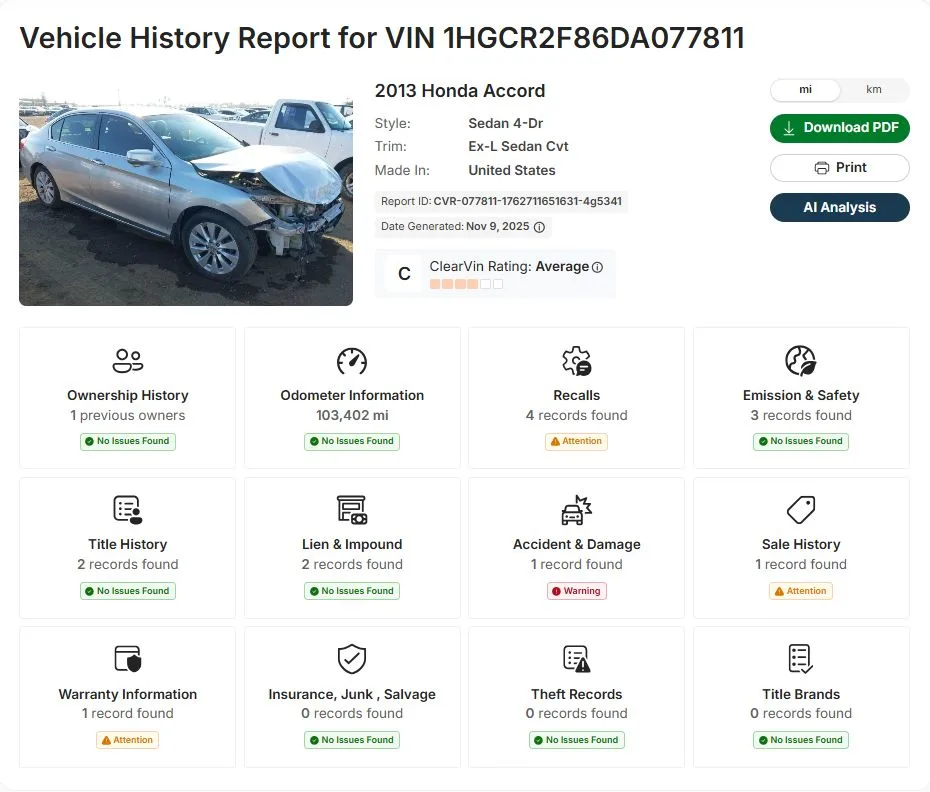 Summary page of a VinSpectorAI full report for a 2013 Honda Accord, showing each section's record count and status