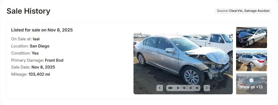 Sale history in a VinSpectorAI report: a salvage auction listing with front-end damage and auction photos