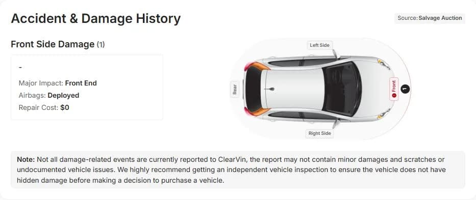Accident and damage history in a VinSpectorAI report, with front-end impact marked on a car diagram and airbags deployed