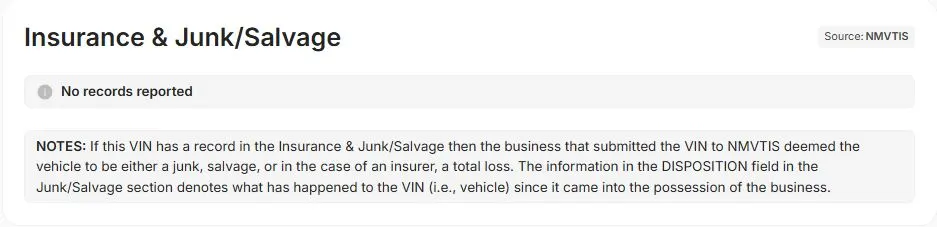 Insurance and junk/salvage records from NMVTIS in a VinSpectorAI report