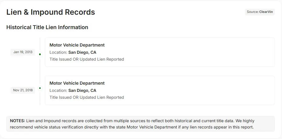 Lien and impound records with dates and locations in a VinSpectorAI report
