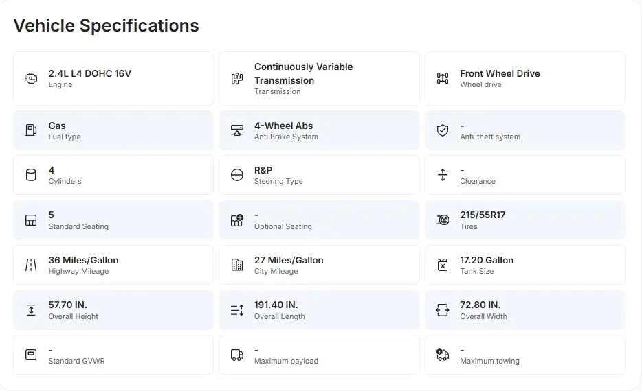 Vehicle specifications decoded from the VIN in a VinSpectorAI report