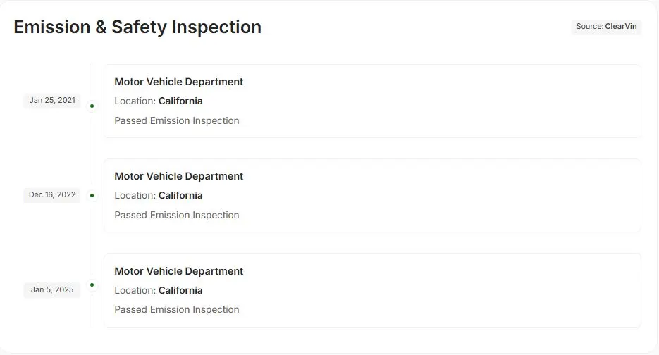 Emission and safety inspection results by date in a VinSpectorAI report