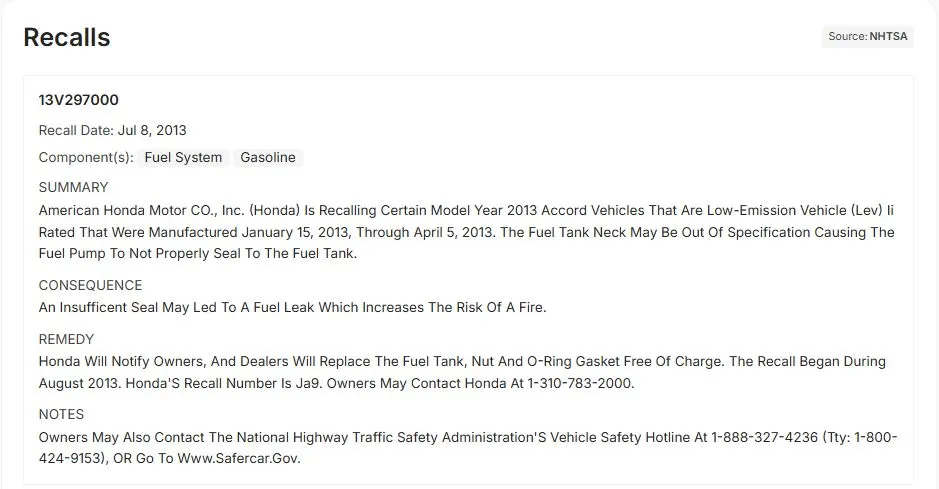 NHTSA recall details with summary, consequence and remedy in a VinSpectorAI report