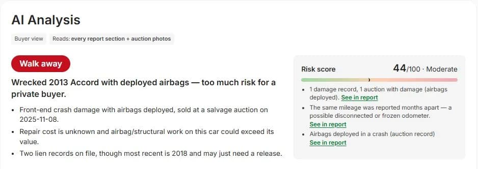 AI Analysis verdict of Walk away with a risk score of 44 out of 100 in a VinSpectorAI report