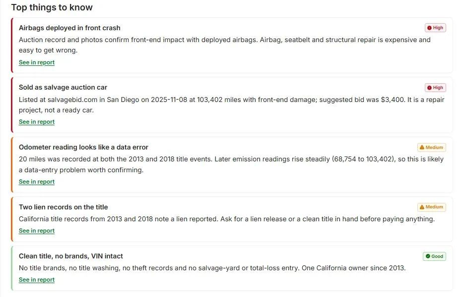 AI list of the most important findings ranked High, Medium and Good in a VinSpectorAI report