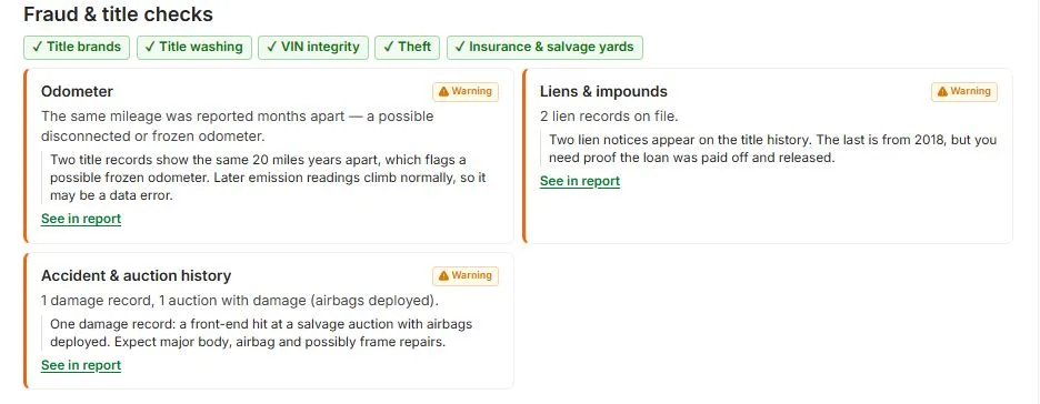 AI fraud and title checks with odometer, lien and accident warnings in a VinSpectorAI report