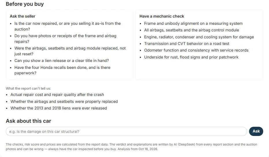 Questions to ask the seller, mechanic checks and an ask-the-AI box in a VinSpectorAI report